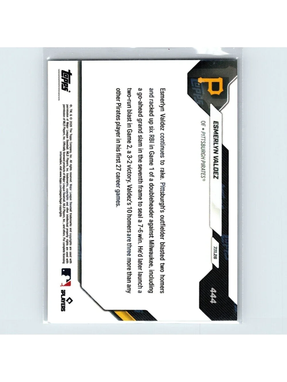 2026 Topps Now MLB - Esmerlyn Valdez Call Up #444 - Pittsburgh Pirates